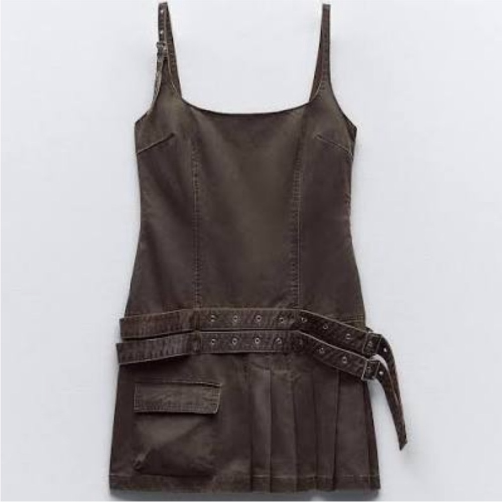 ZARA WAXED BOX PLEAT DRESS Brown SIZE Large